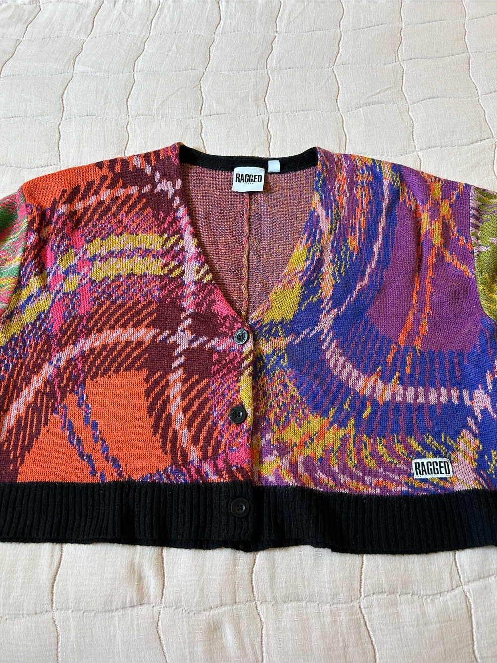 Ragged jeans cropped multi-color knit sweater